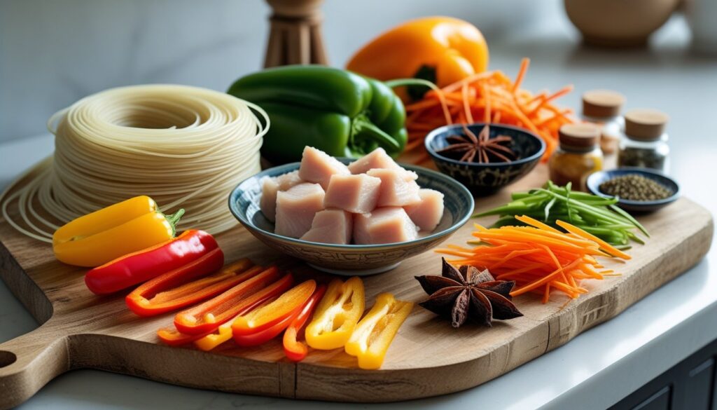 Ingredients for Mongolian noodles displayed on a kitchen counter.