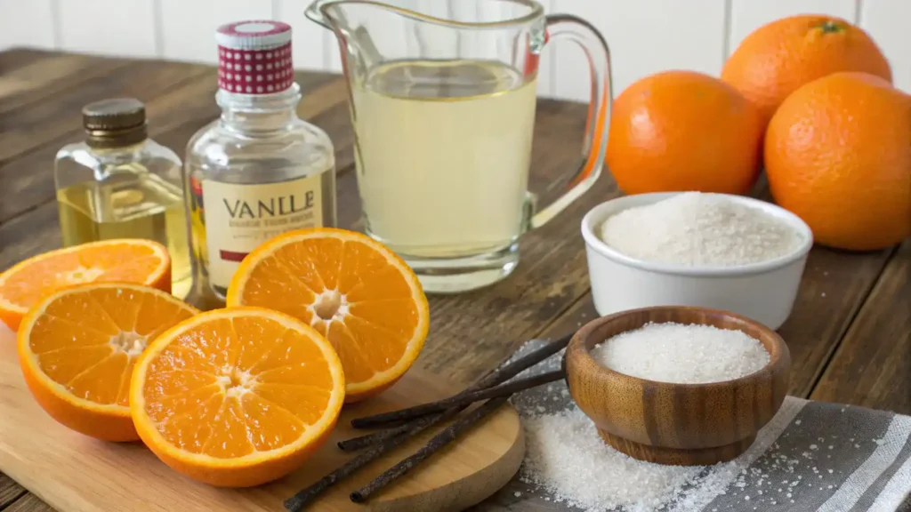 Ingredients for making orange liqueur displayed beautifully.