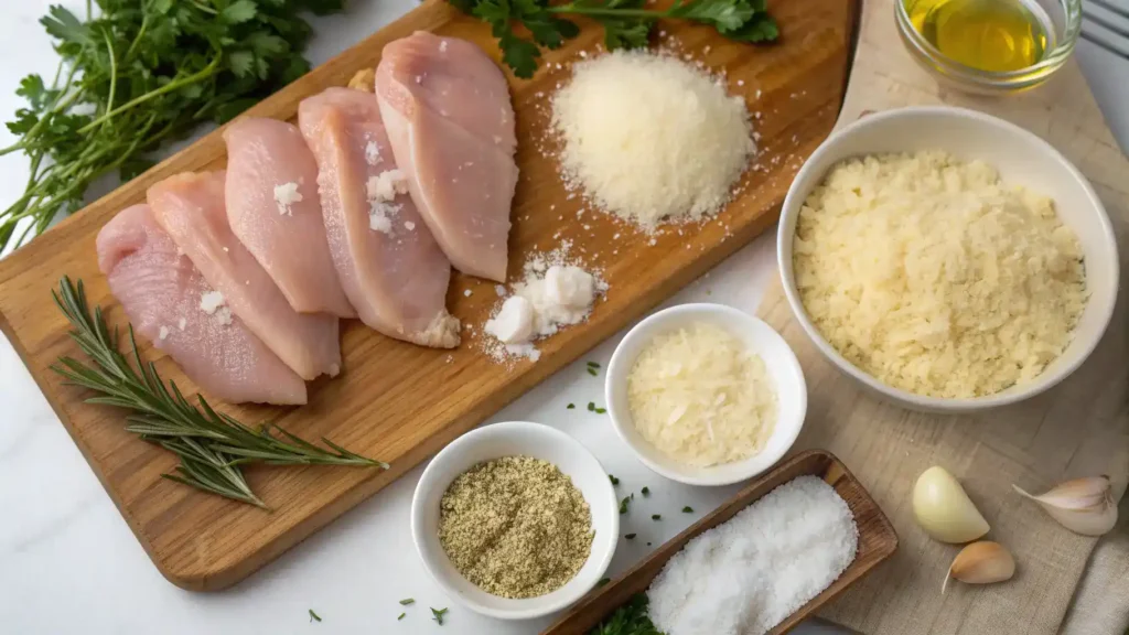 Ingredients for parmesan crusted chicken displayed on a cutting board.