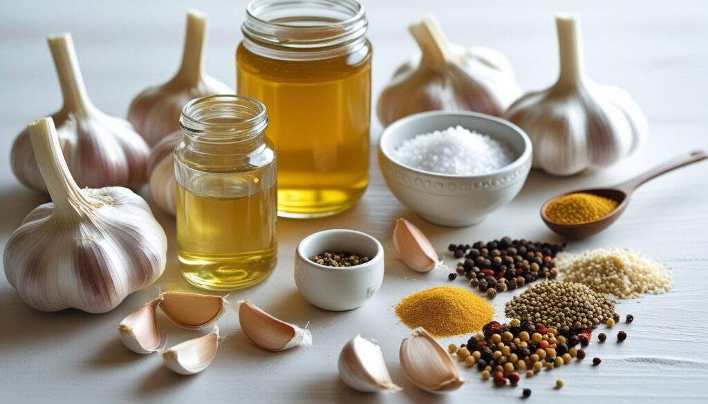 Ingredients for making pickled garlic displayed on a wooden table.