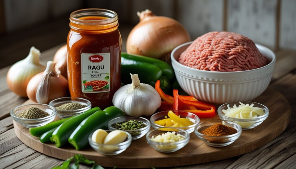Ingredients for Ragu pasta sauce displayed on a wooden kitchen counter.