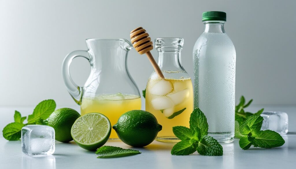Ingredients for a skinny margarita laid out on a wooden table.