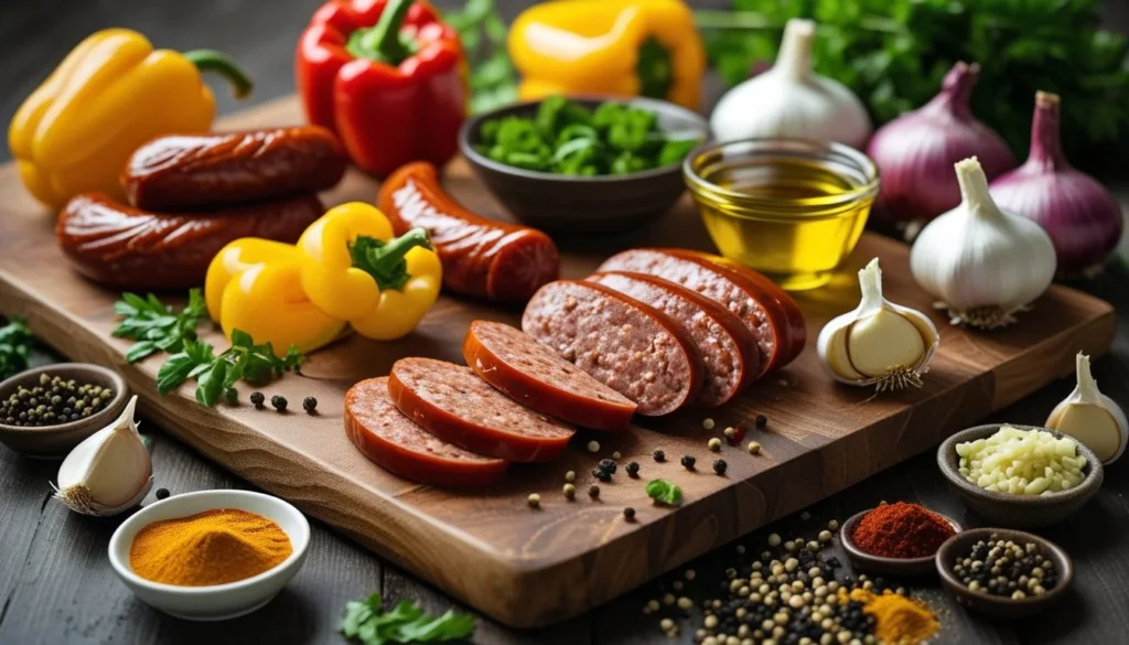 Ingredients for smoked sausage recipe including sausage, vegetables, and spices on a cutting board.