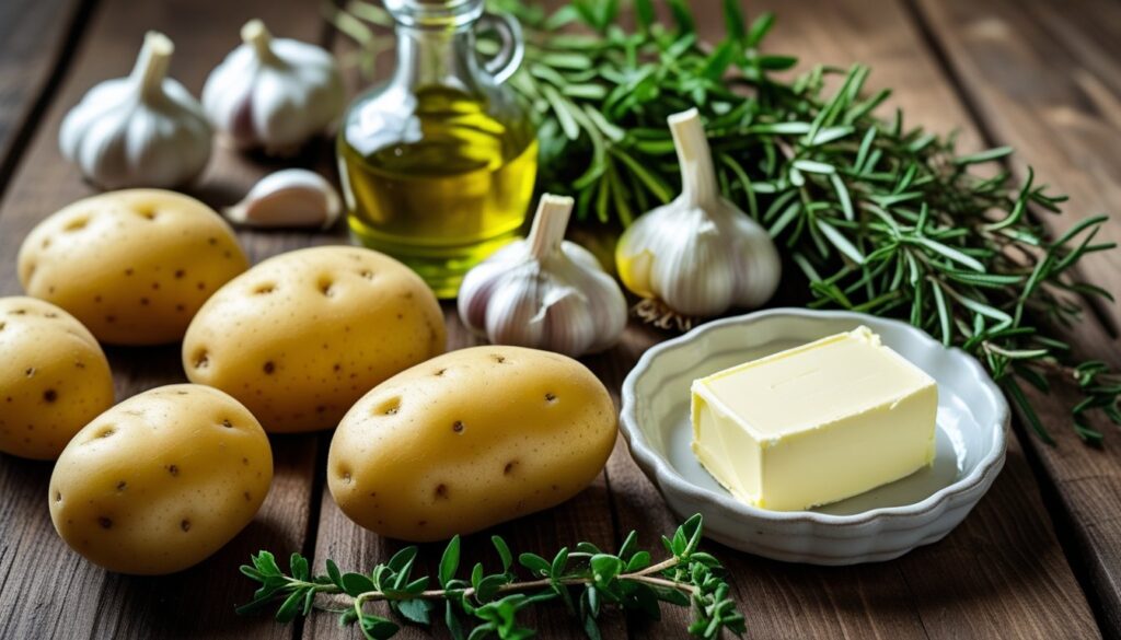 Ingredients for a yellow potato recipe displayed on a wooden table.