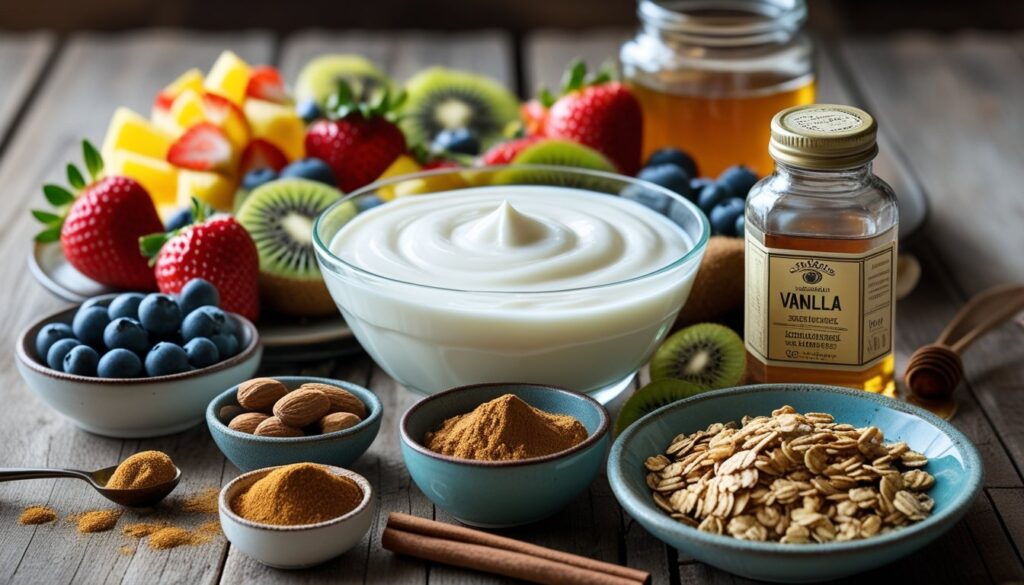 Ingredients for yogurt beaten including yogurt, honey, fruits, nuts, and spices displayed on a wooden table.