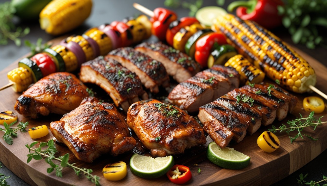 Delicious grilled chicken and vegetables seasoned with jerk seasoning, served on a plate.