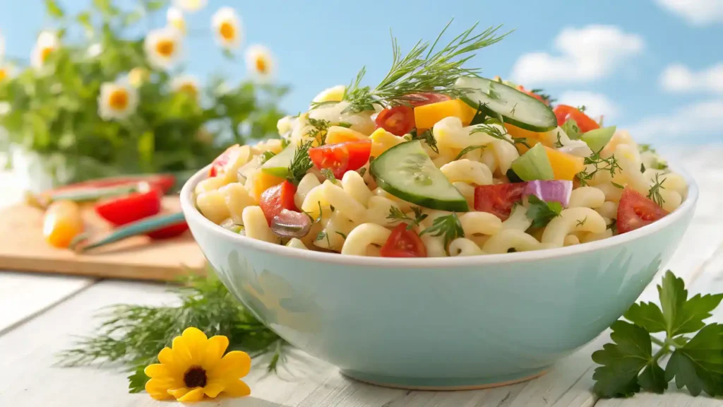 A bowl of macaroni salad garnished with herbs and vegetables.