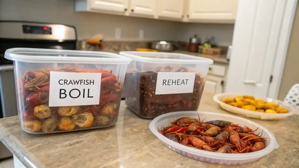Storage and reheating process for leftover crawfish boil.