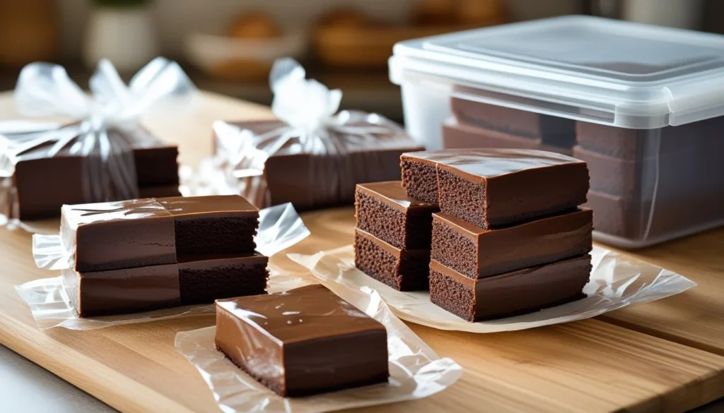 Storage tips for chocolate ganache cake with wrapped slices and containers.