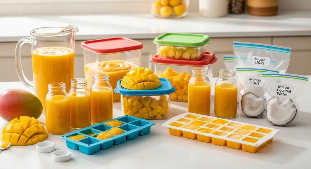 Storage tips for drinks with mango, showing airtight containers and freezer-safe options.