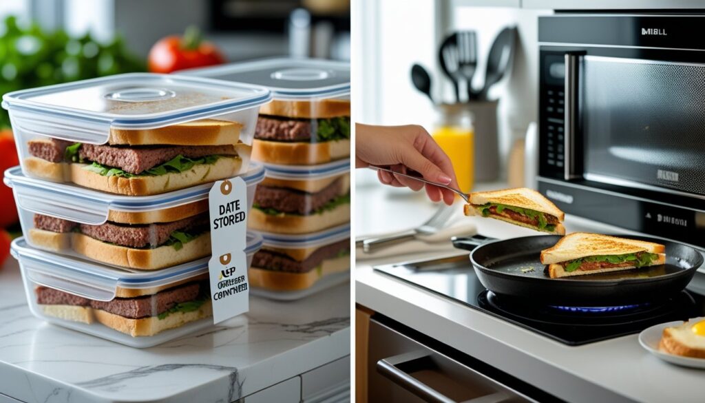 An organized kitchen scene showing how to store and reheat Philly cheesesteak leftovers in airtight containers.