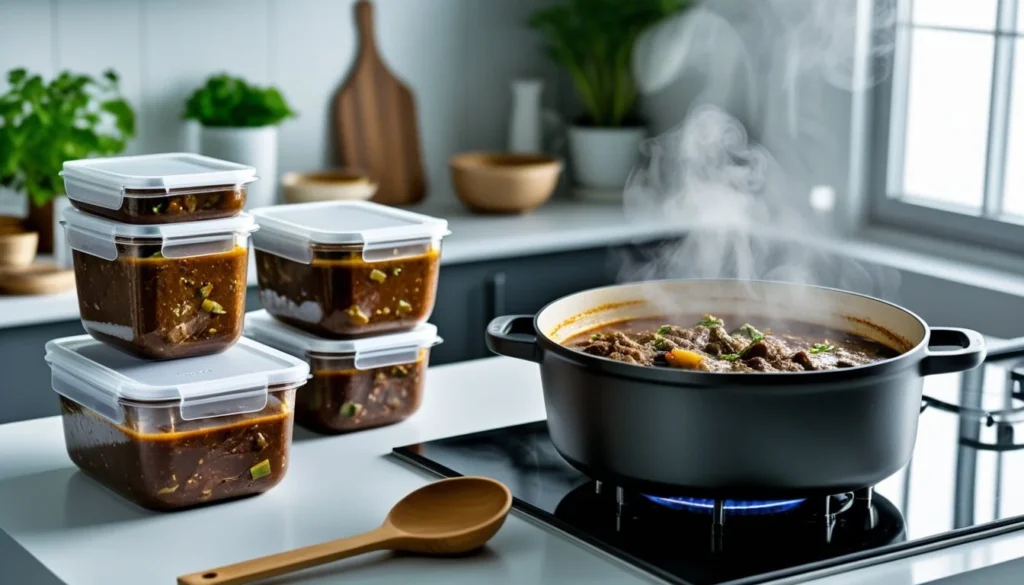 Storing and reheating beef bourguignon in containers.