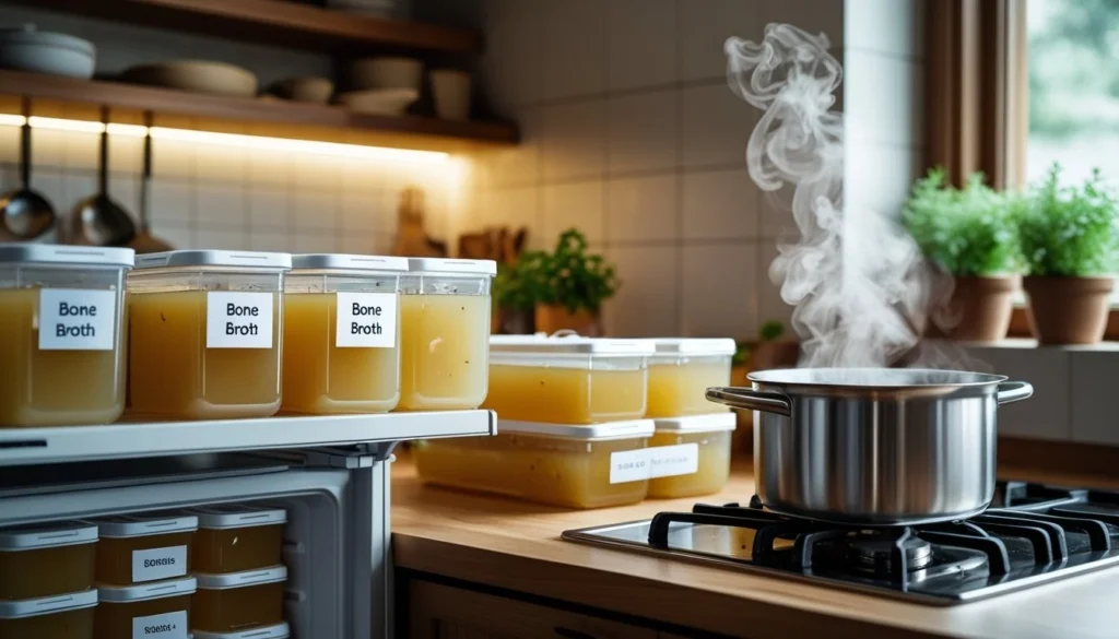 Storing and reheating bone broth in labeled containers and a pot on the stove.
