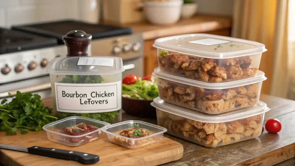 Storage tips for bourbon chicken leftovers in airtight containers.