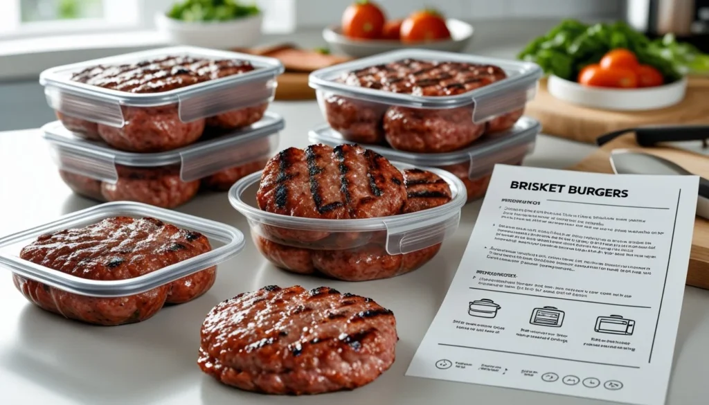 Storing and reheating brisket burgers in airtight containers.