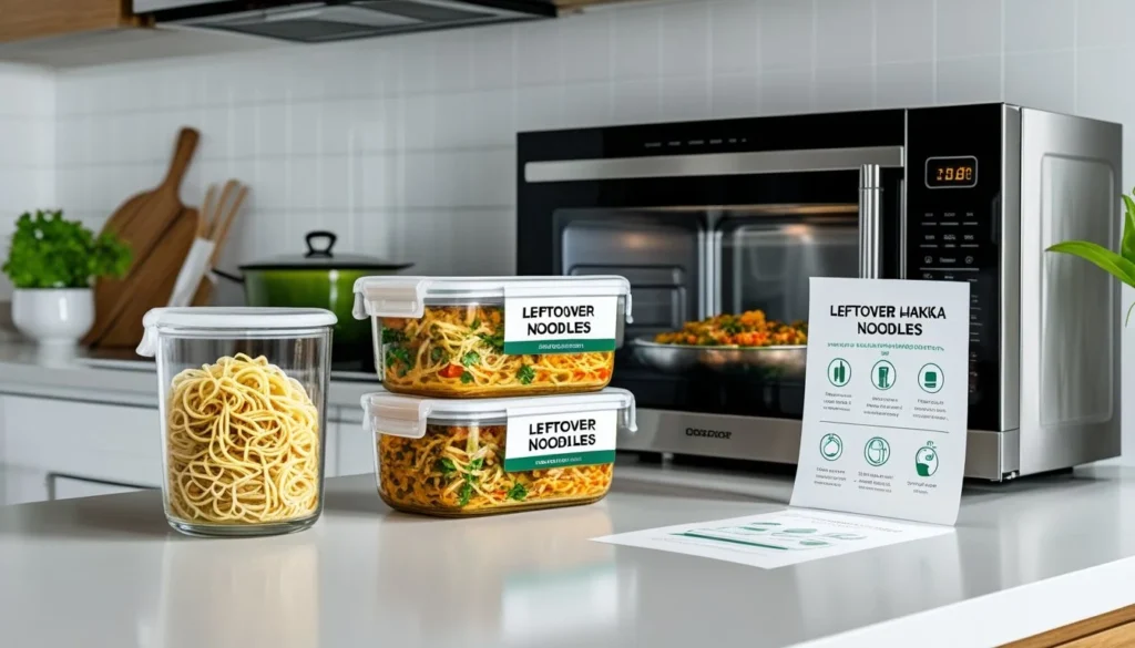 Storage and reheating instructions for leftover Hakka noodles.
