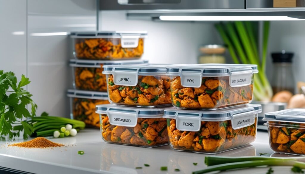 Proper storage methods for jerk seasoning dishes, including airtight containers and labels.