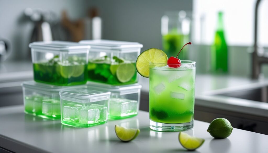 Storing and making ahead Midori Sour mocktail.
