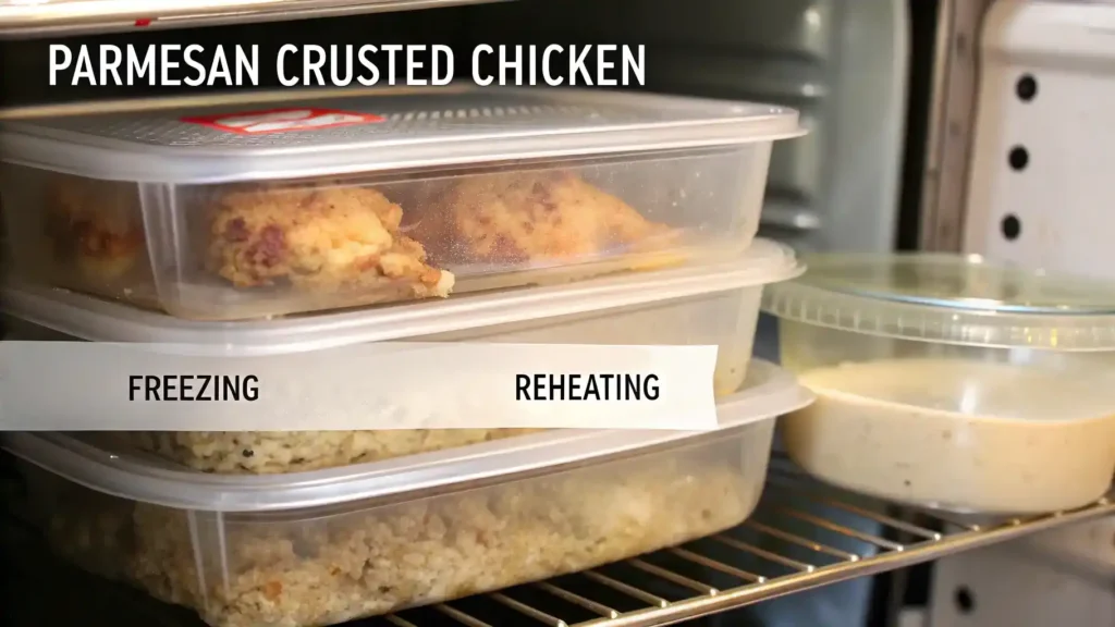Storage and reheating tips for parmesan crusted chicken.