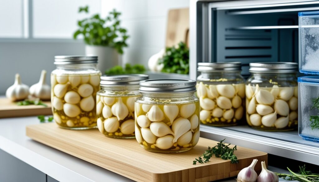 Storage and freezing methods for pickled garlic.