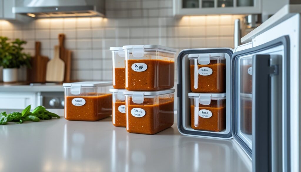 Proper storage methods for Ragu pasta sauce displayed in a kitchen.