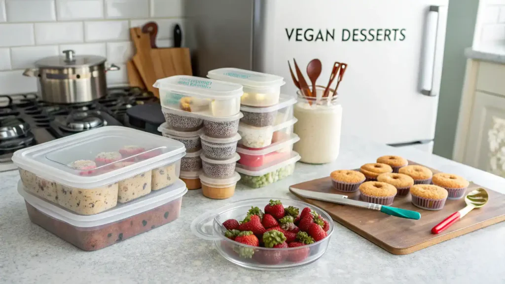 Tips for storing and freezing vegan desserts with containers and desserts displayed in a kitchen.