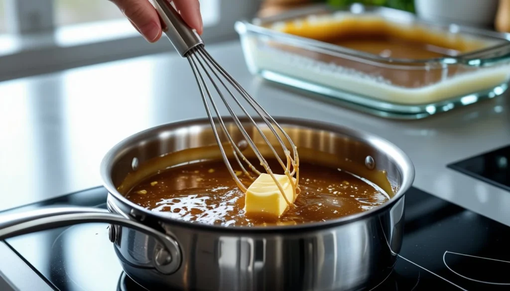 A step-by-step process of making carmal with ingredients like butter and sugar in a saucepan.
