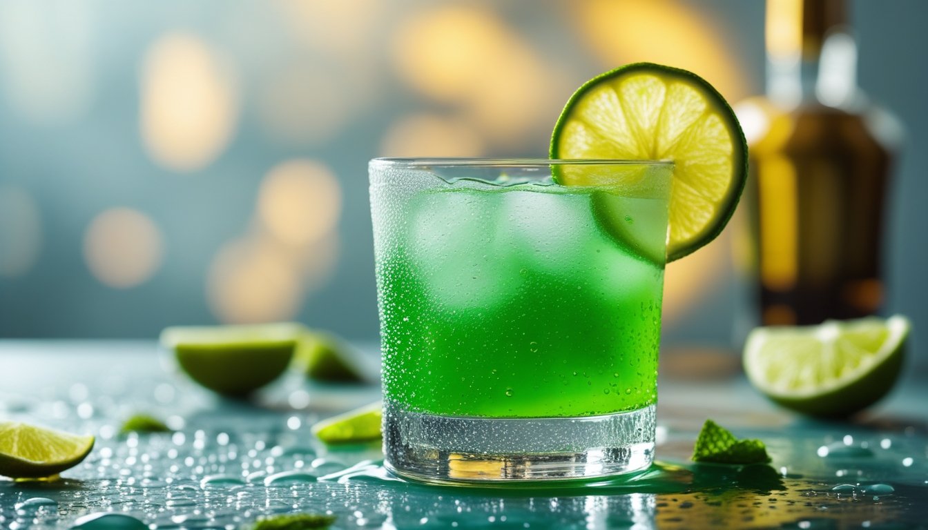 A beautifully garnished Midori Sour mocktail in a chilled glass.