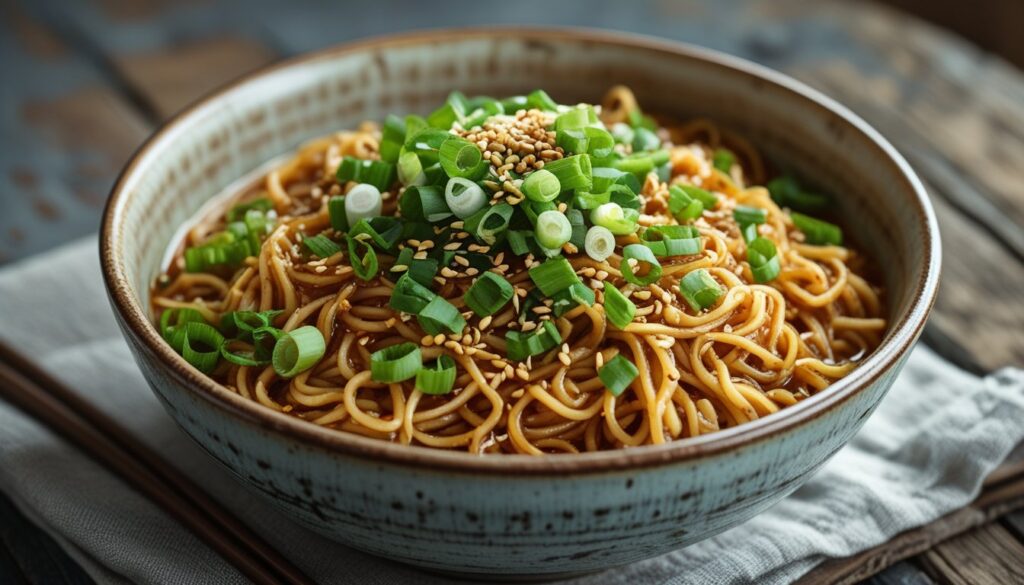 A delicious bowl of Mongolian noodles garnished with green onions and sesame seeds.