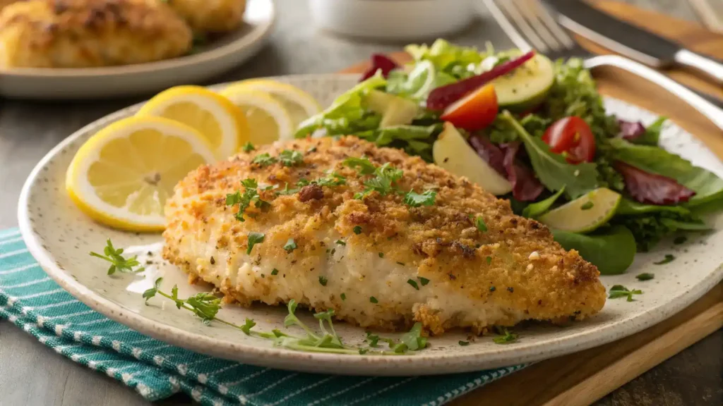 Deliciously baked parmesan crusted chicken served with salad.