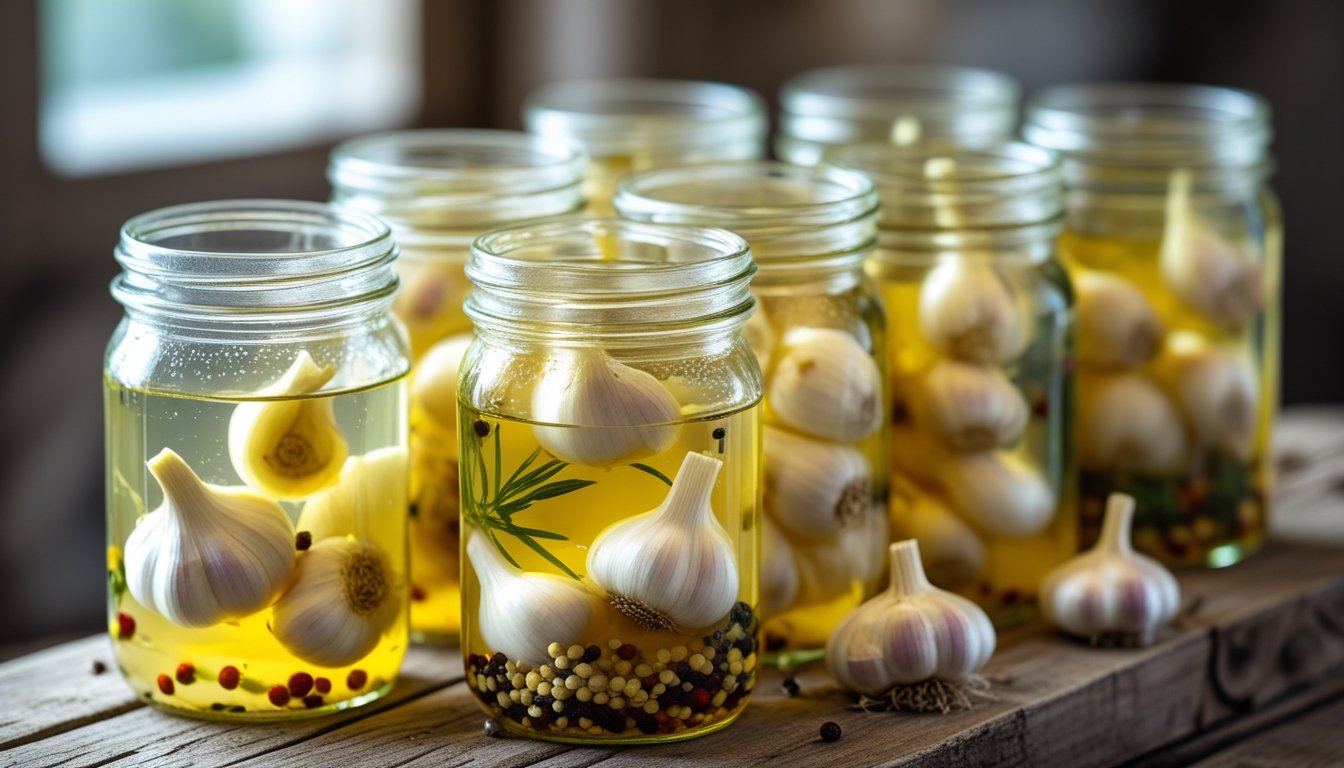 Jars of pickled garlic with a vibrant color and texture.
