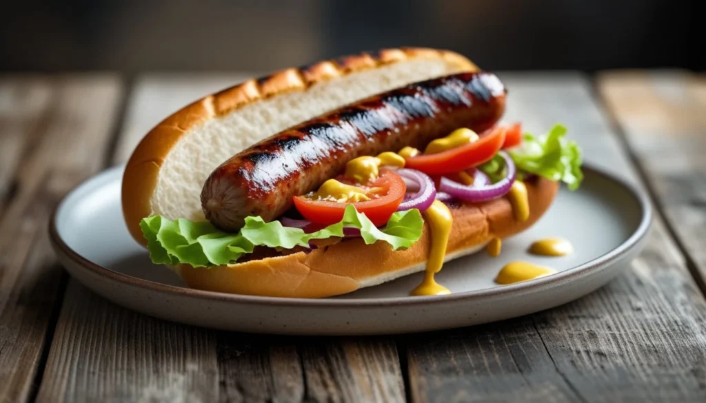 A delicious smoked sausage served on a toasted bun with toppings.