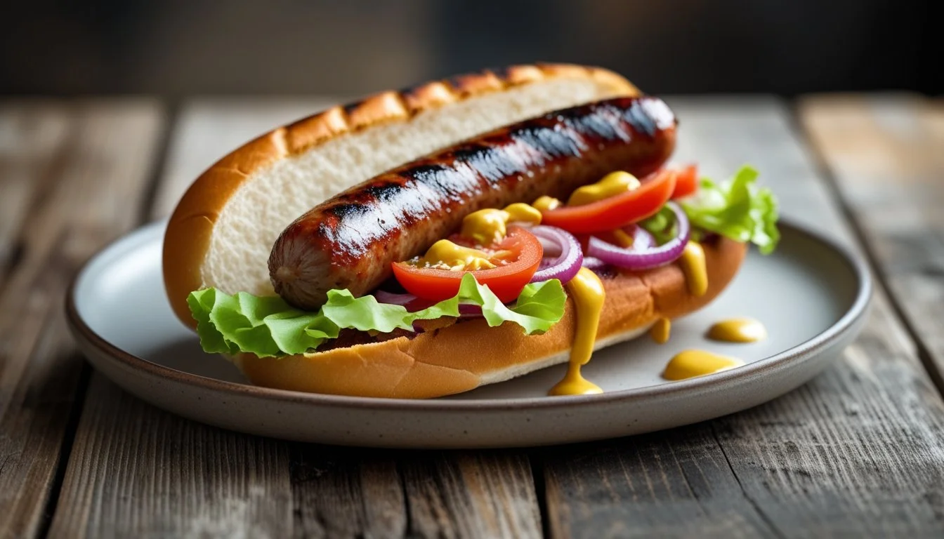 A delicious smoked sausage served on a toasted bun with toppings.