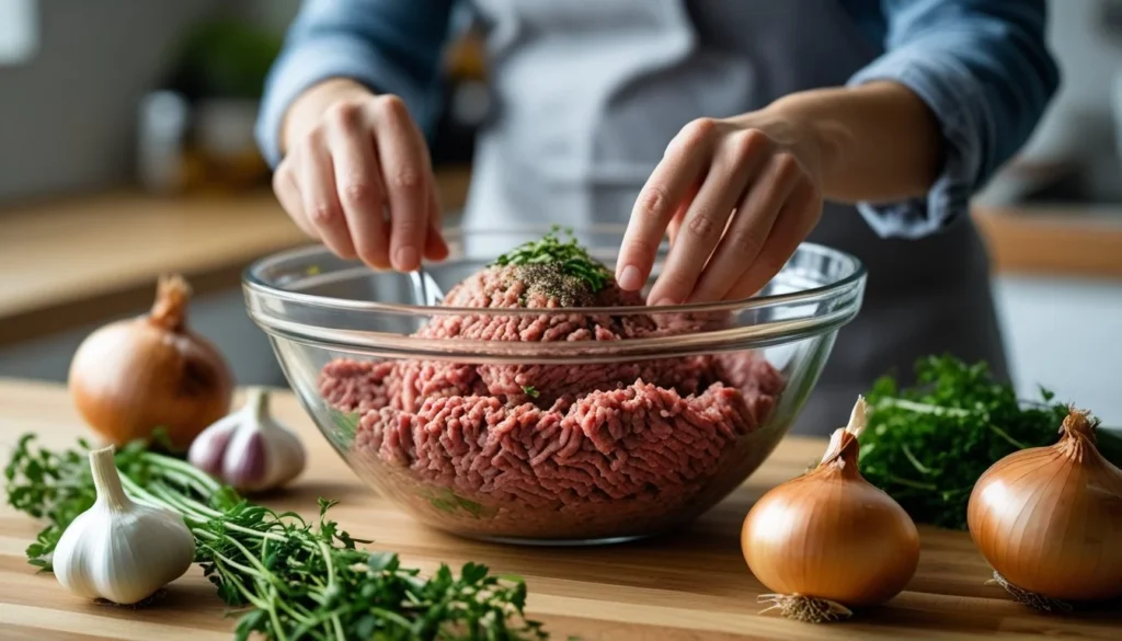 A person mixing ground brisket with onions and garlic in a bowl, preparing to make burgers.