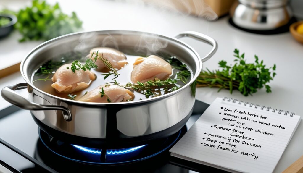 Pro tips for boiling chicken displayed with a pot of chicken.