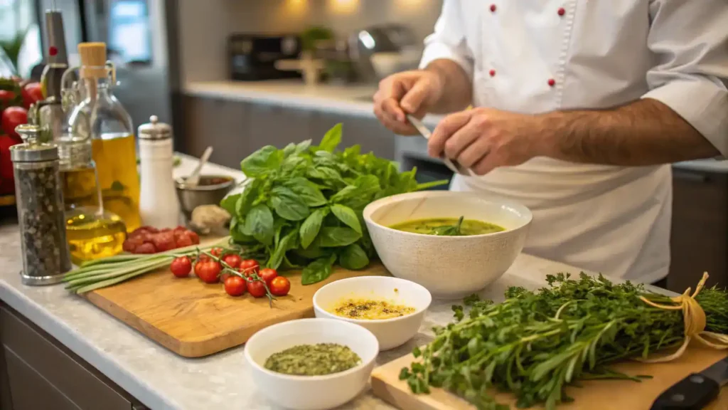 A chef preparing Italian dressing with fresh ingredients.