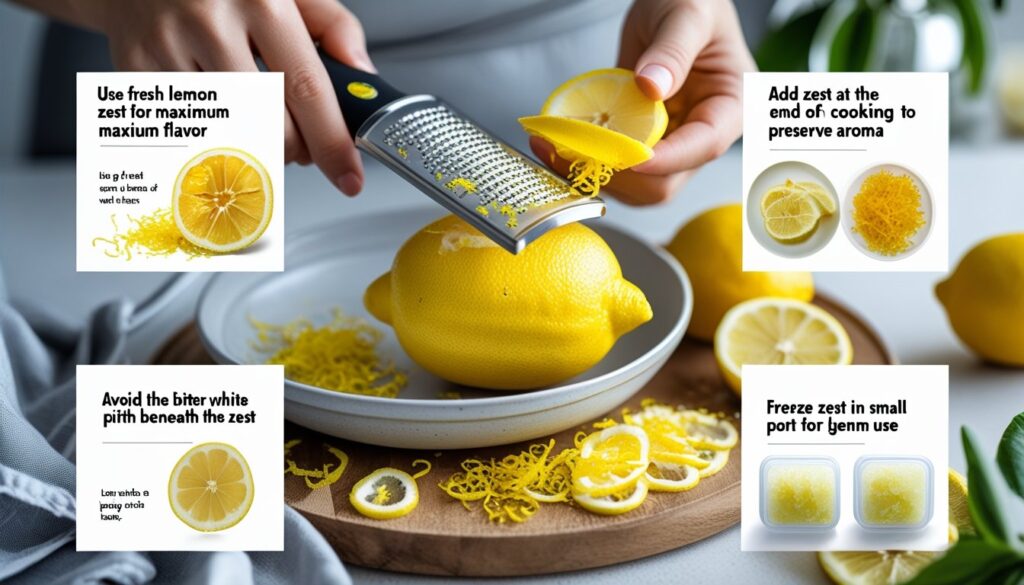 Pro tips for using lemon zest in cooking, displayed visually.