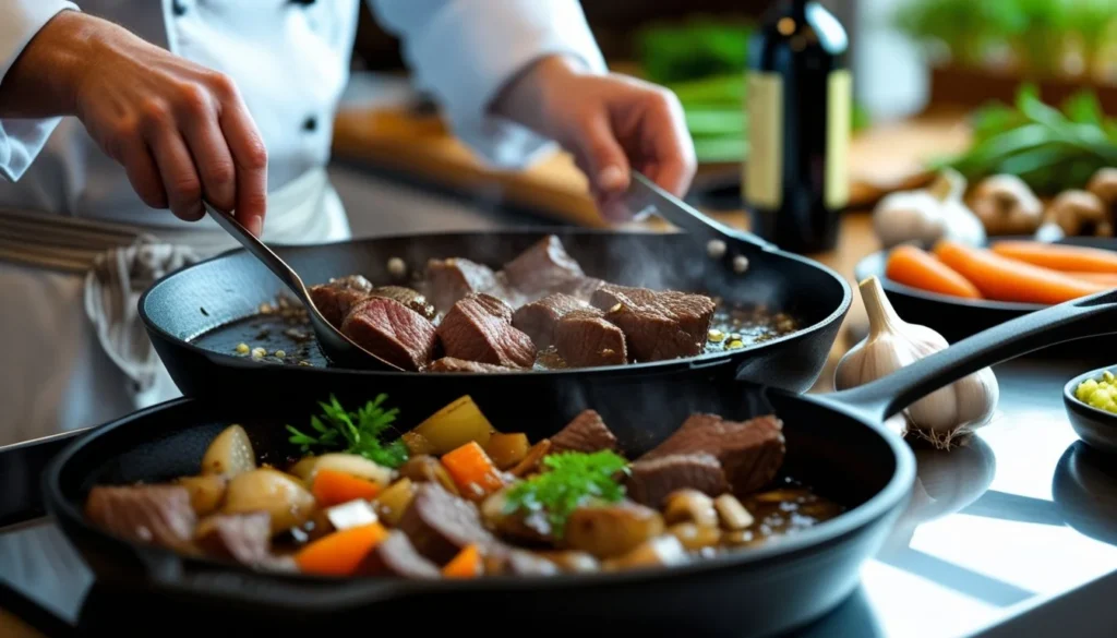 A chef searing beef and sautéing vegetables for beef bourguignon.