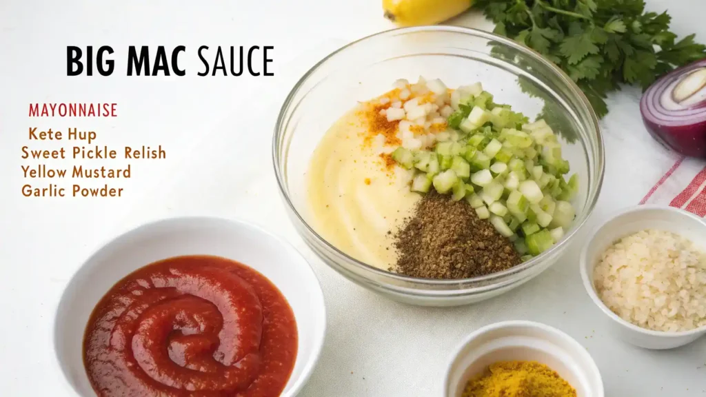 Pro tips for making Big Mac sauce with visuals of ingredients.