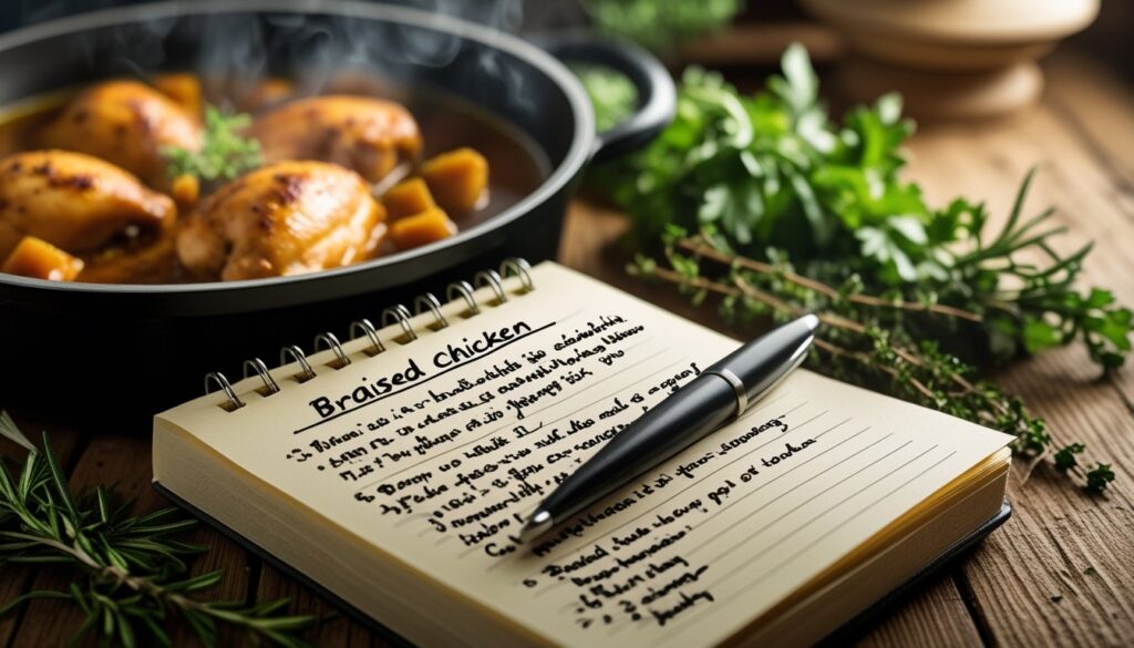 A chef's tips for making braised chicken with a pot in the background.