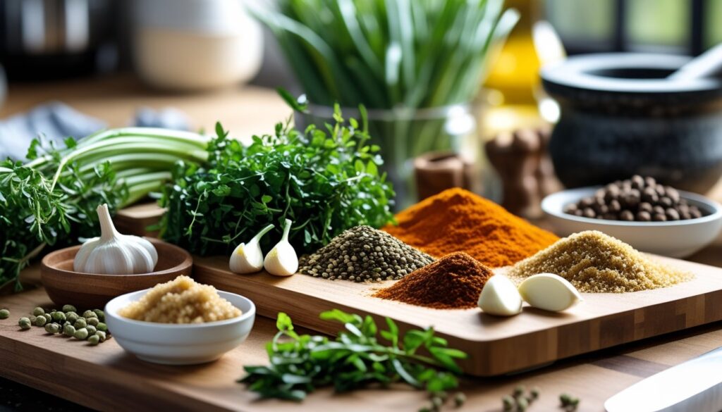 Pro tips for making jerk seasoning displayed with fresh herbs and spices.