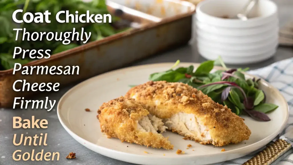Pro tips for making the best parmesan crusted chicken.
