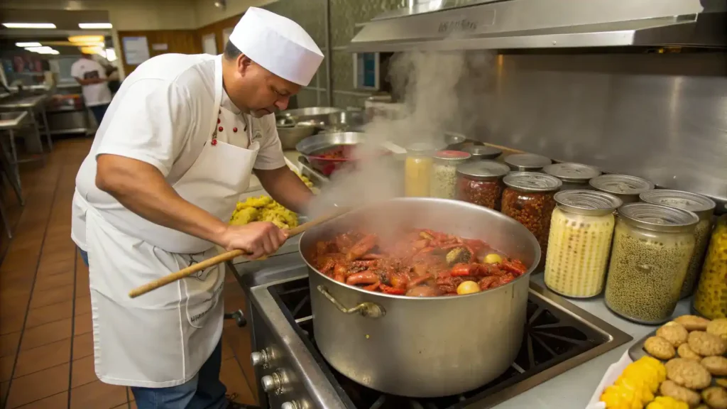 A chef preparing a crawfish boil by adding spices and ingredients to a pot.