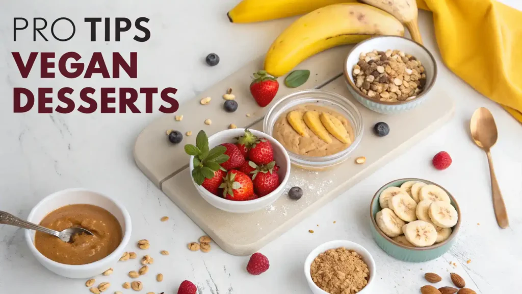 Pro tips for making vegan desserts with ingredients like ripe bananas and nut butters displayed creatively.