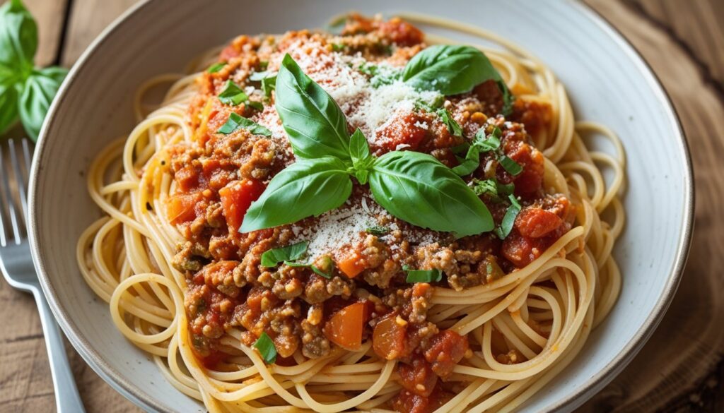 A bowl of Ragu pasta sauce served over spaghetti with basil and Parmesan.