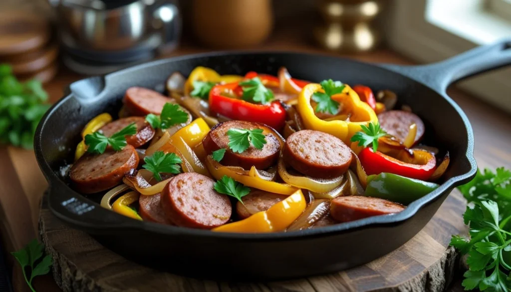 A skillet filled with sautéed smoked sausage, bell peppers, and onions, garnished with fresh parsley.