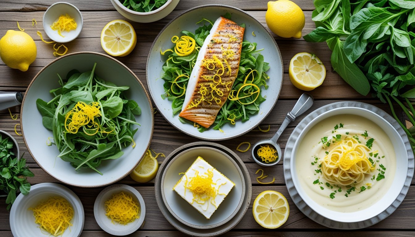 Different serving ideas for dishes enhanced with lemon zest.
