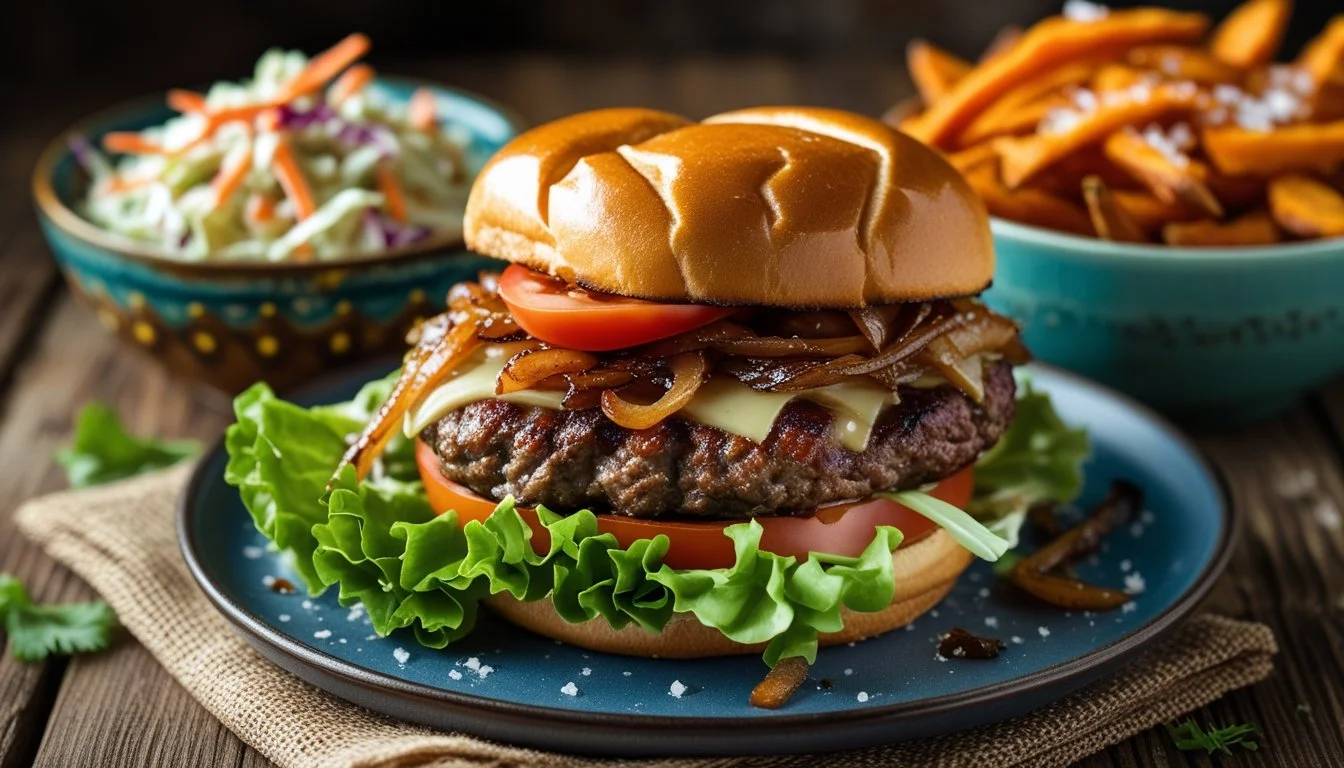 A plated brisket burger with coleslaw and sweet potato fries.