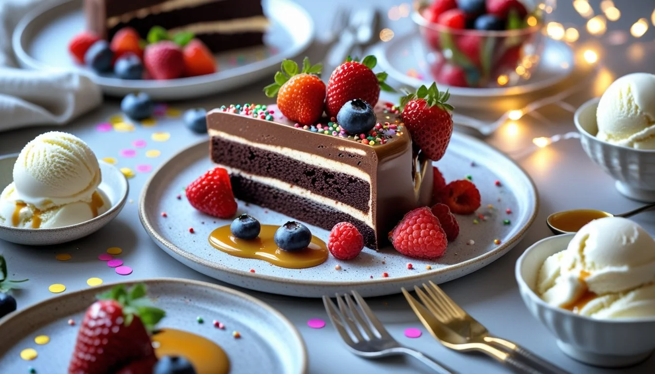 Delicious serving suggestions for chocolate ganache cake with berries and ice cream.