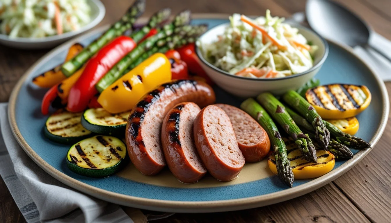 Serving suggestions for smoked sausage including grilled vegetables and coleslaw.